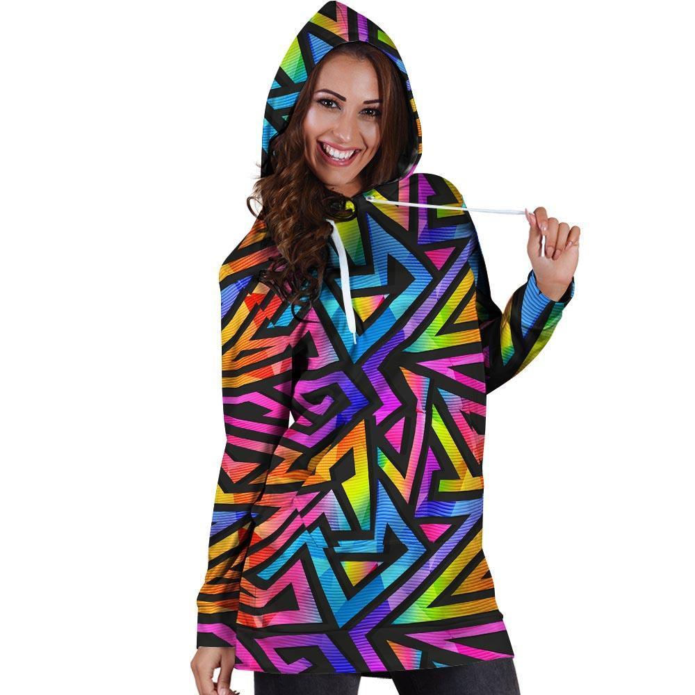 Rainbow Geometric Abstract Hoodie Dress-grizzshop