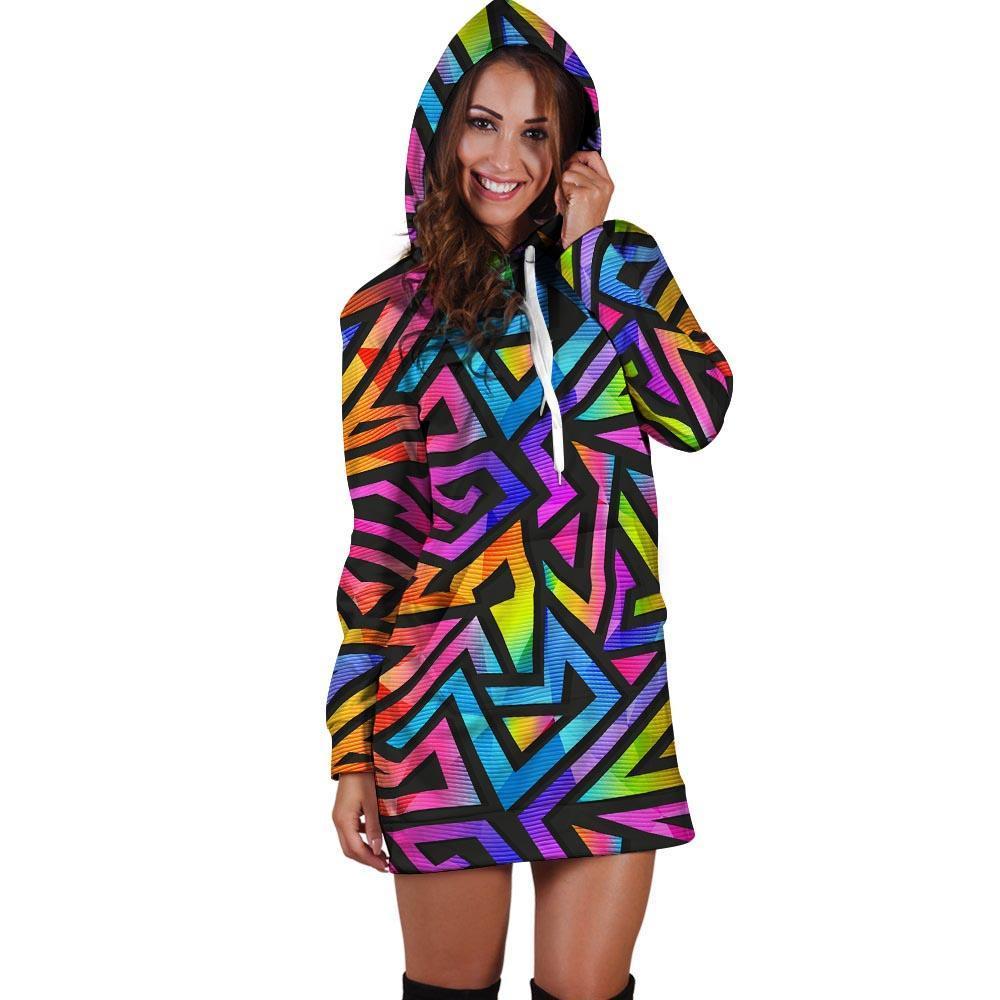 Rainbow Geometric Abstract Hoodie Dress-grizzshop