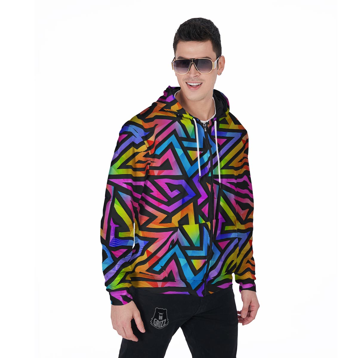 Rainbow Geometric Abstract Men's Zip Up Hoodie-grizzshop