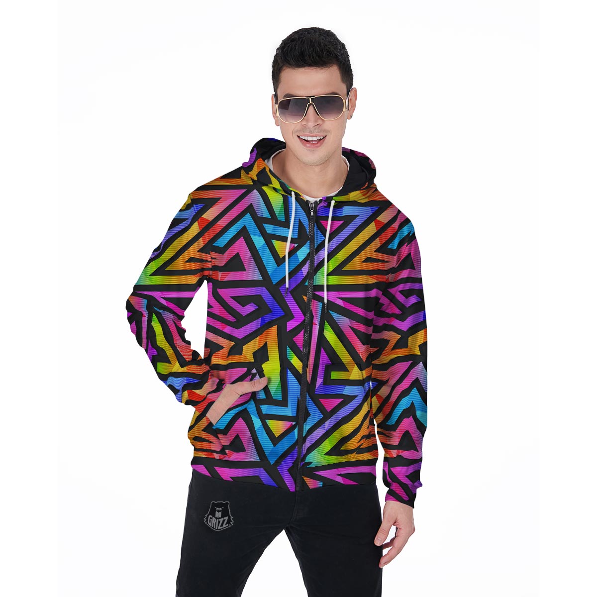 Rainbow Geometric Abstract Men's Zip Up Hoodie-grizzshop