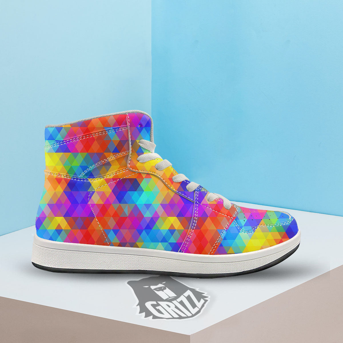 Rainbow Geometric Print Pattern High Top Sneakers-grizzshop