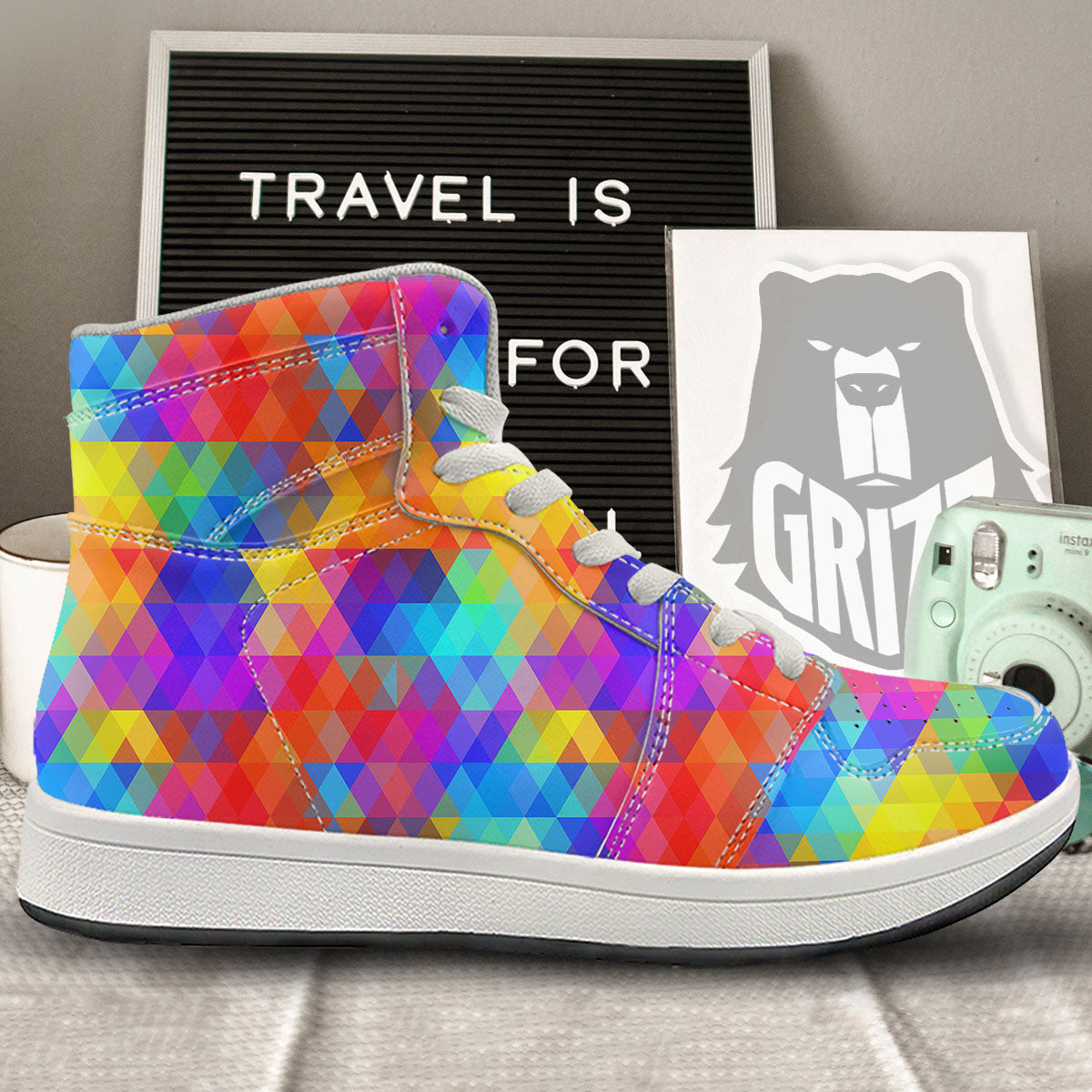 Rainbow Geometric Print Pattern High Top Sneakers-grizzshop
