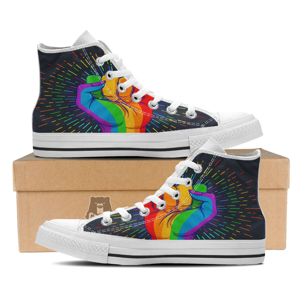 Rainbow Hand LGBT Pride Print White High Top Shoes-grizzshop