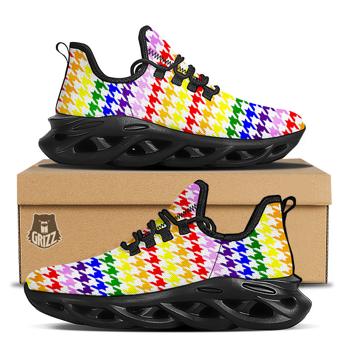 Rainbow Houndstooth Print Black Running Shoes-grizzshop