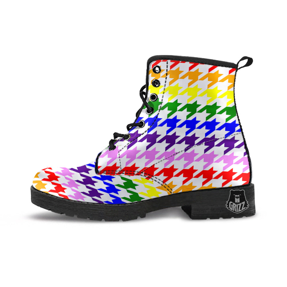 Rainbow Houndstooth Print Leather Boots-grizzshop