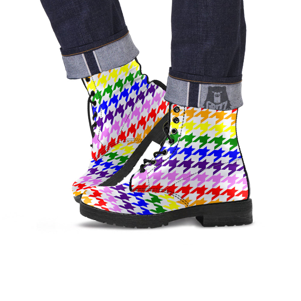 Rainbow Houndstooth Print Leather Boots-grizzshop