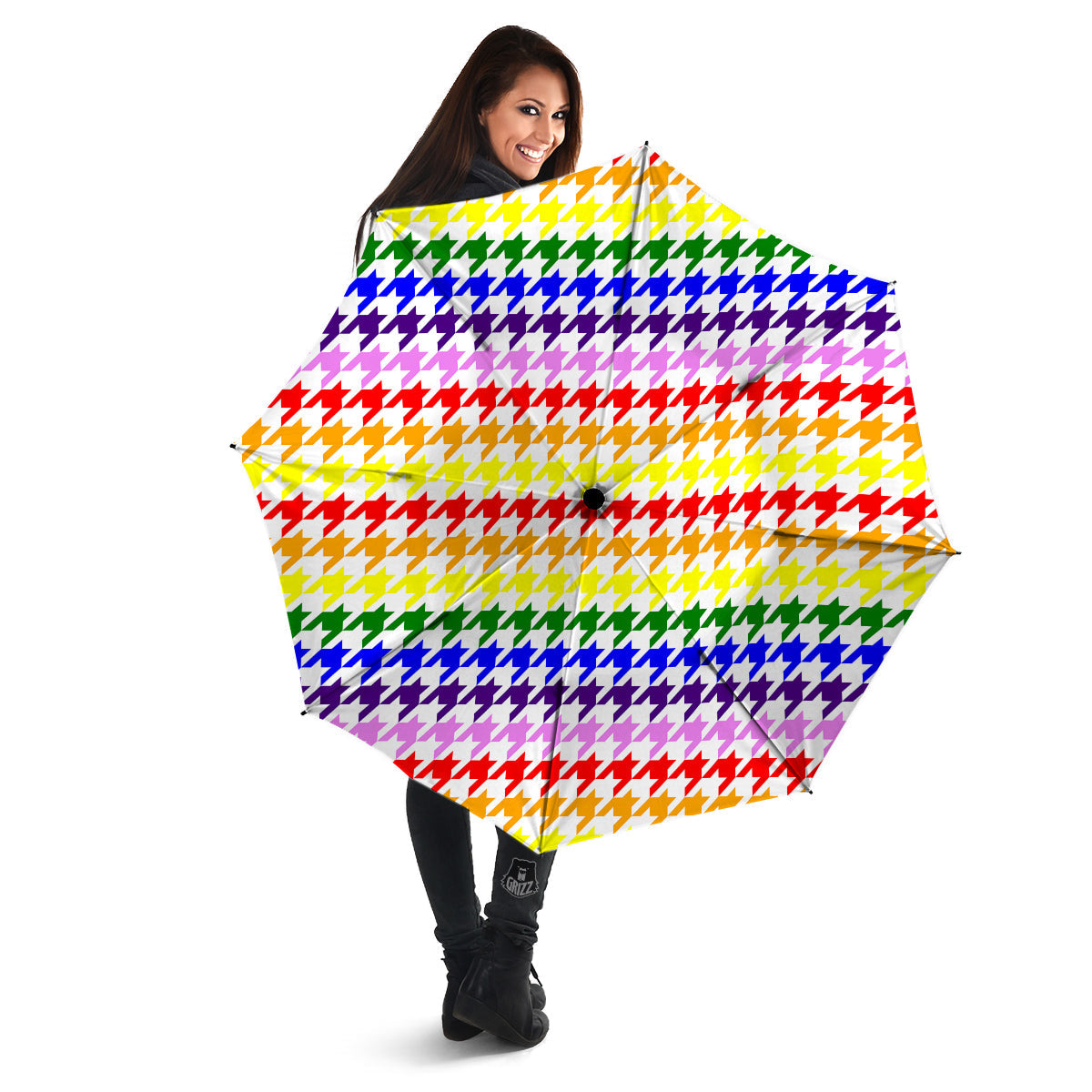 Rainbow Houndstooth Print Umbrella-grizzshop