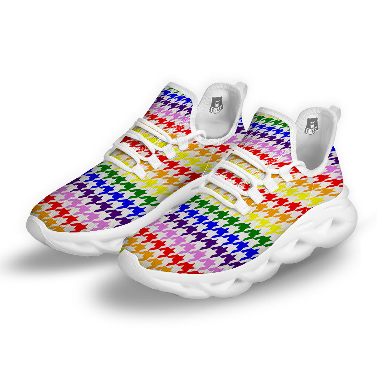 Rainbow Houndstooth Print White Running Shoes-grizzshop
