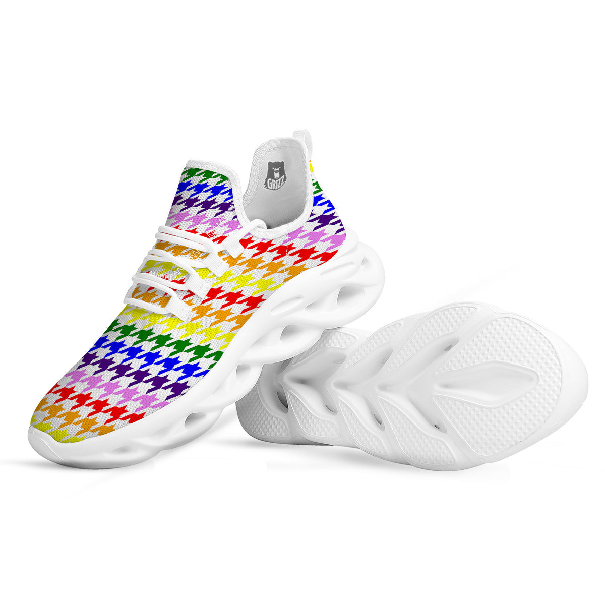 Rainbow Houndstooth Print White Running Shoes-grizzshop