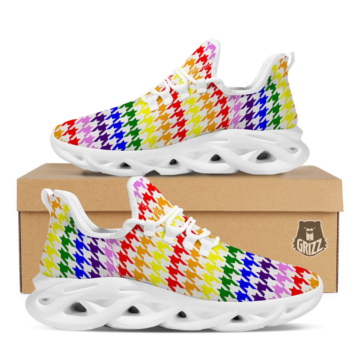 Rainbow Houndstooth Print White Running Shoes-grizzshop