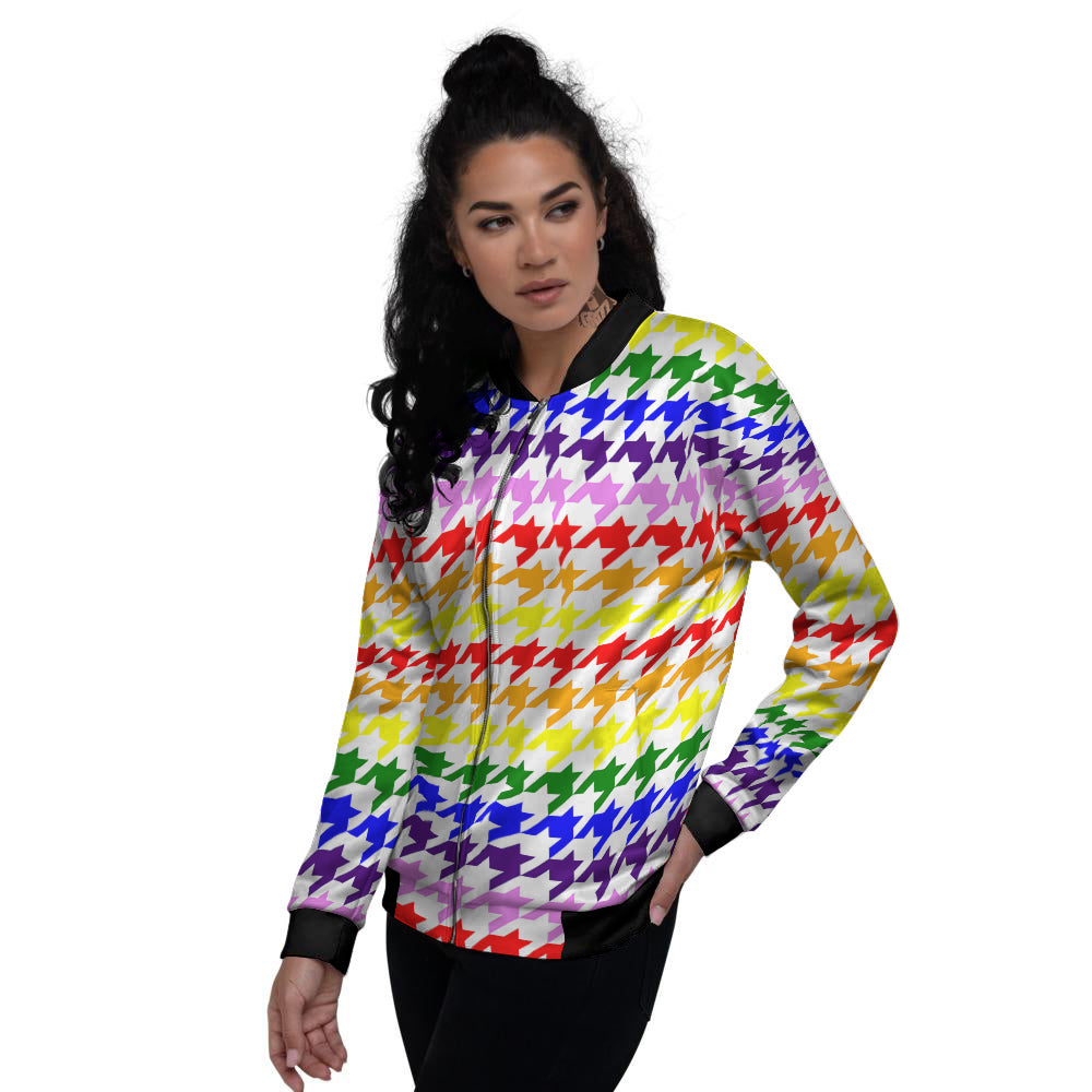 Rainbow Houndstooth Print Women's Bomber Jacket-grizzshop