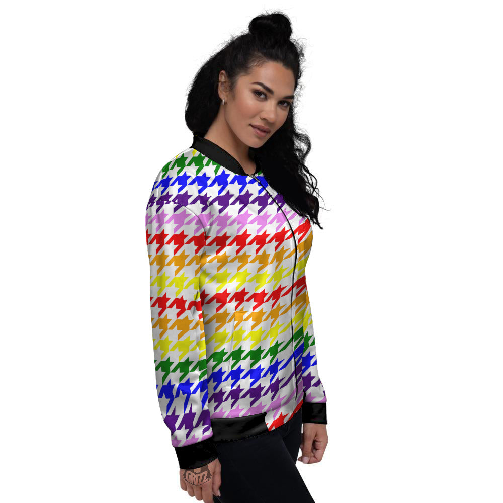 Rainbow Houndstooth Print Women's Bomber Jacket-grizzshop