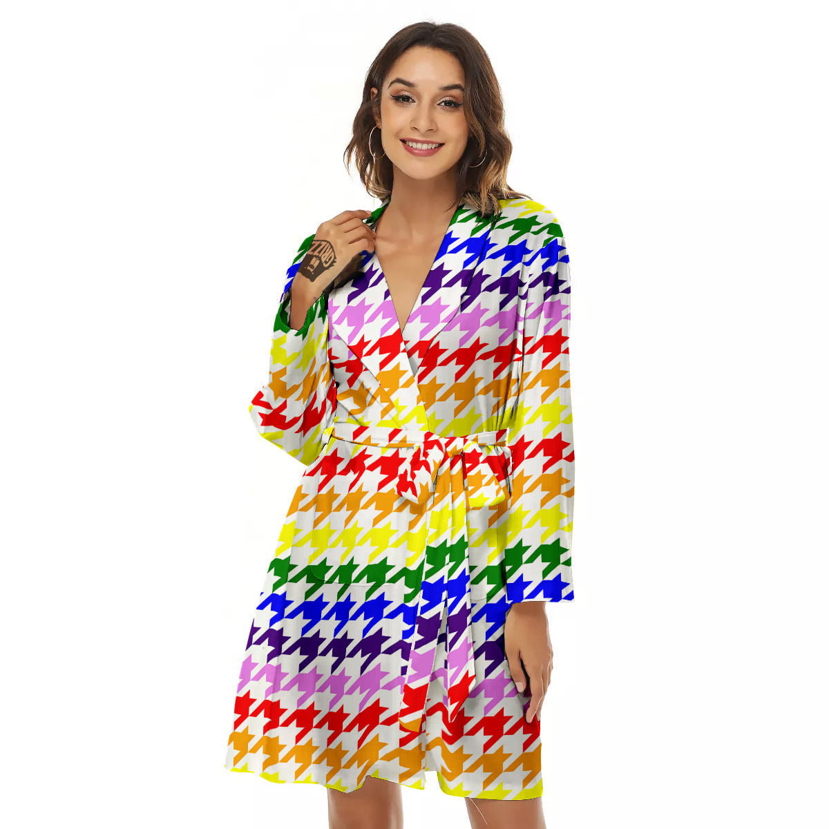 Rainbow Houndstooth Print Women's Robe-grizzshop