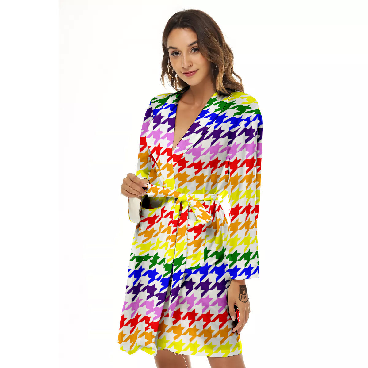Rainbow Houndstooth Print Women's Robe-grizzshop