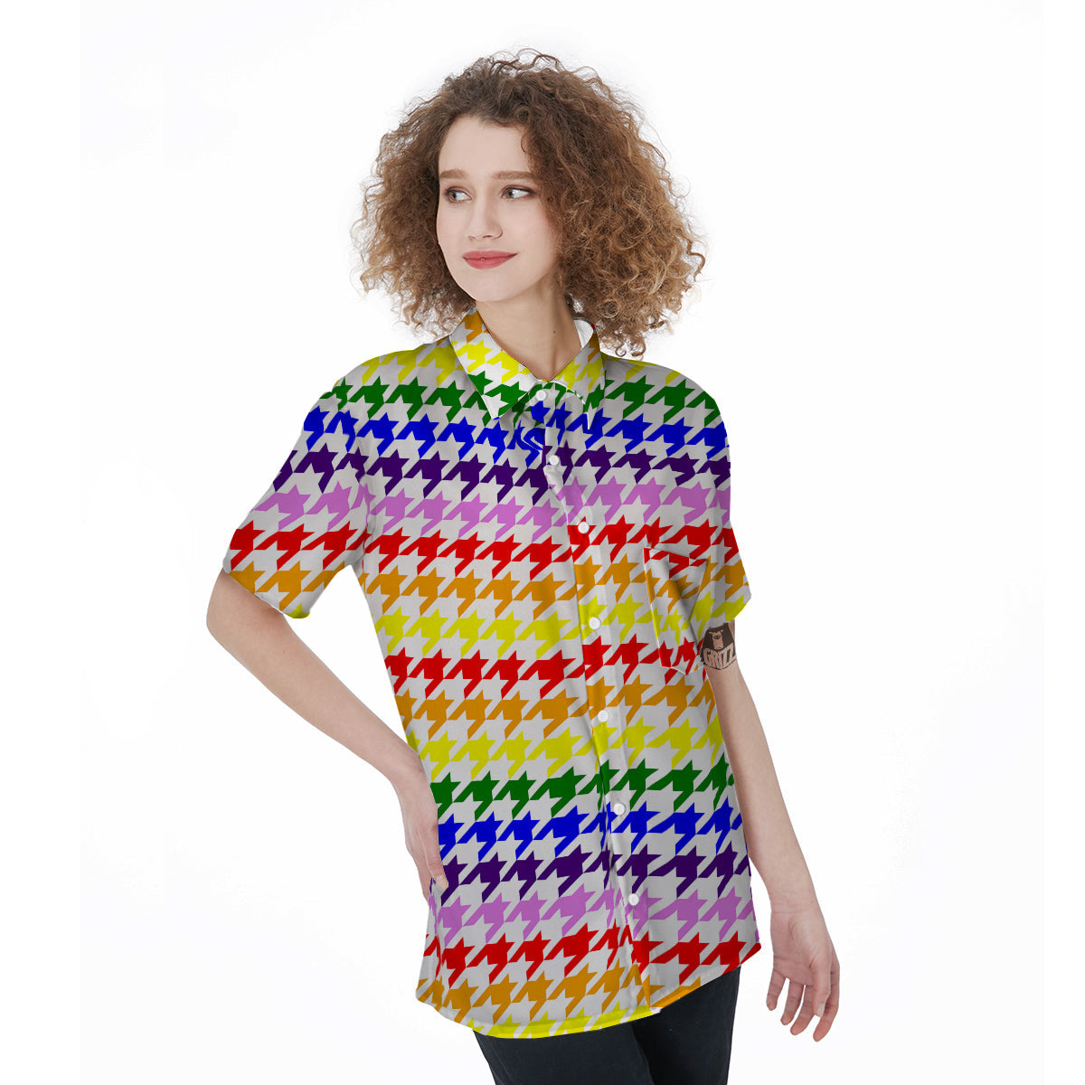 Rainbow Houndstooth Print Women's Short Sleeve Shirts-grizzshop