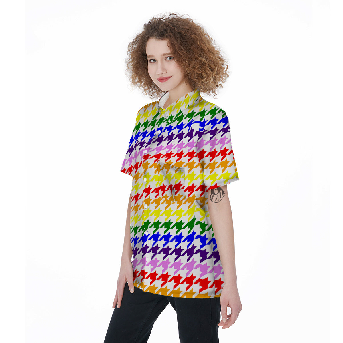 Rainbow Houndstooth Print Women's Short Sleeve Shirts-grizzshop