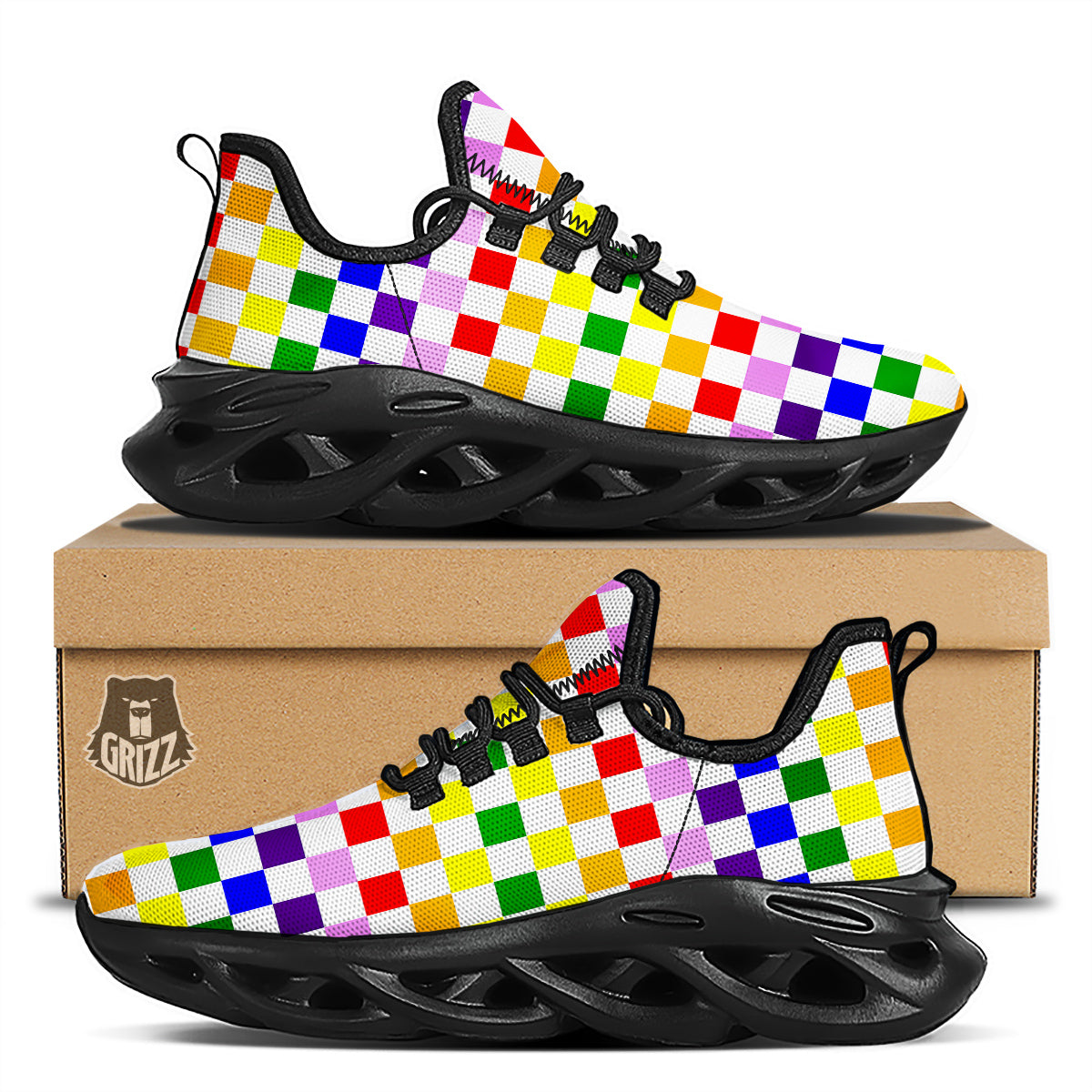 Rainbow LGBT Checkered Flag Print Black Running Shoes-grizzshop