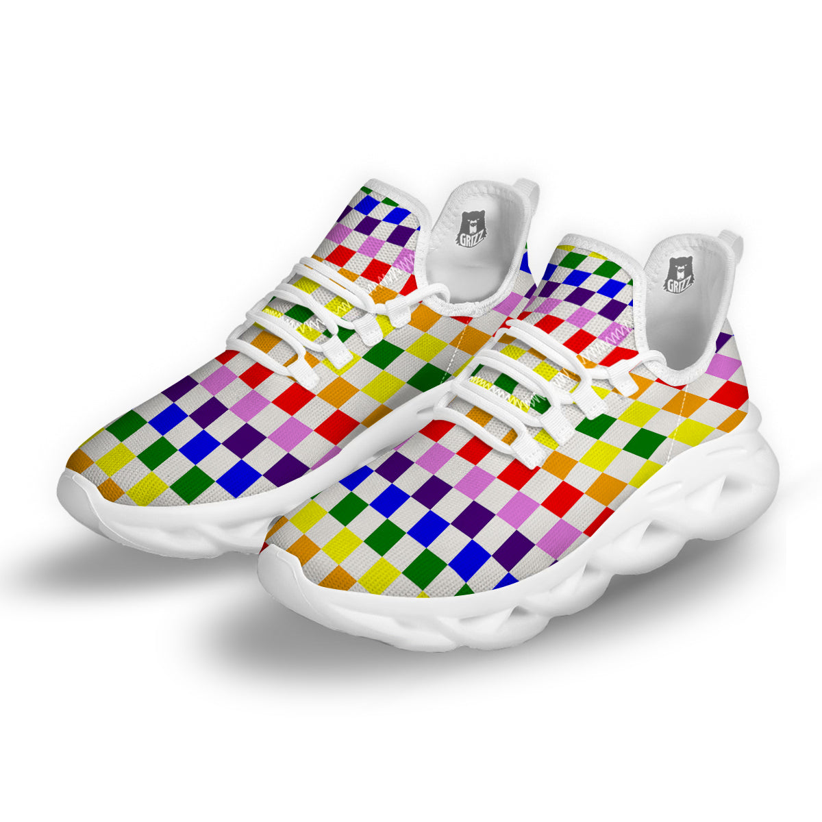 Rainbow LGBT Checkered Flag Print White Running Shoes-grizzshop