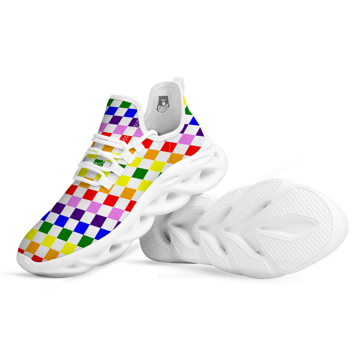 Rainbow LGBT Checkered Flag Print White Running Shoes-grizzshop