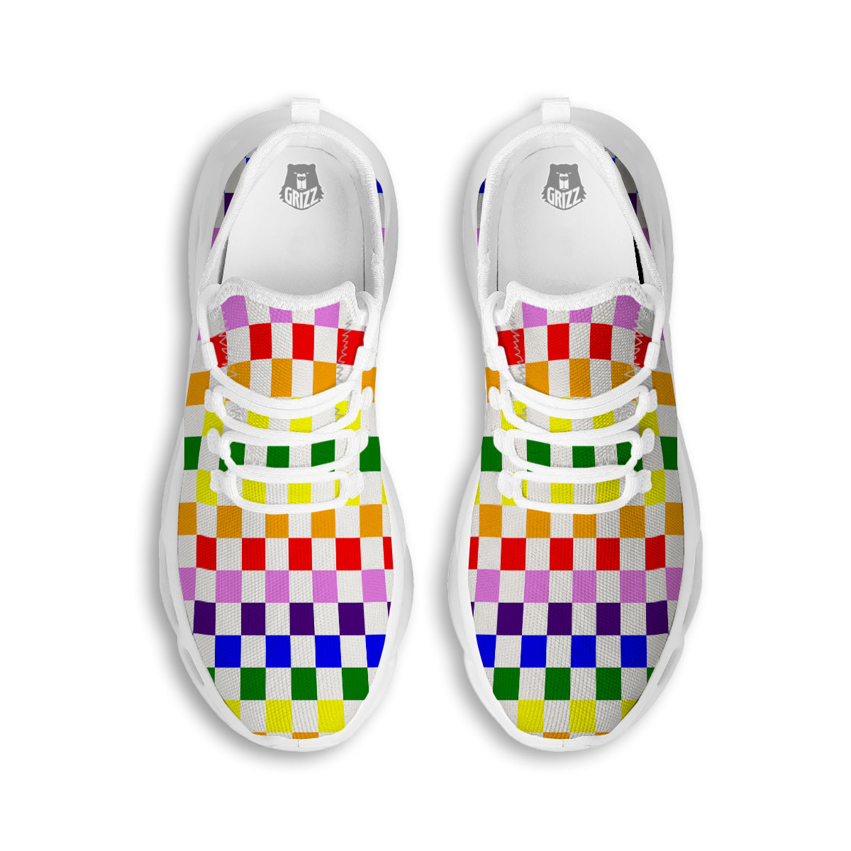 Rainbow LGBT Checkered Flag Print White Running Shoes-grizzshop