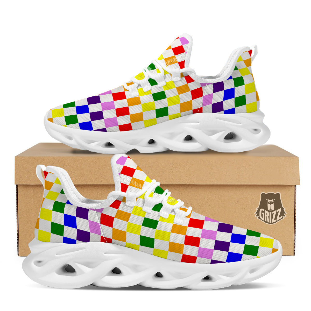Rainbow LGBT Checkered Flag Print White Running Shoes-grizzshop