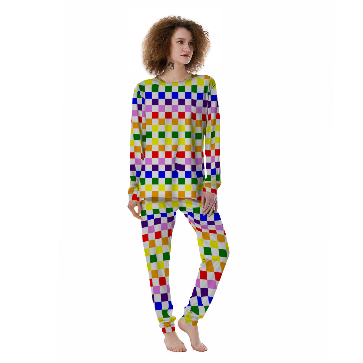 Rainbow LGBT Checkered Flag Print Women's Pajamas-grizzshop