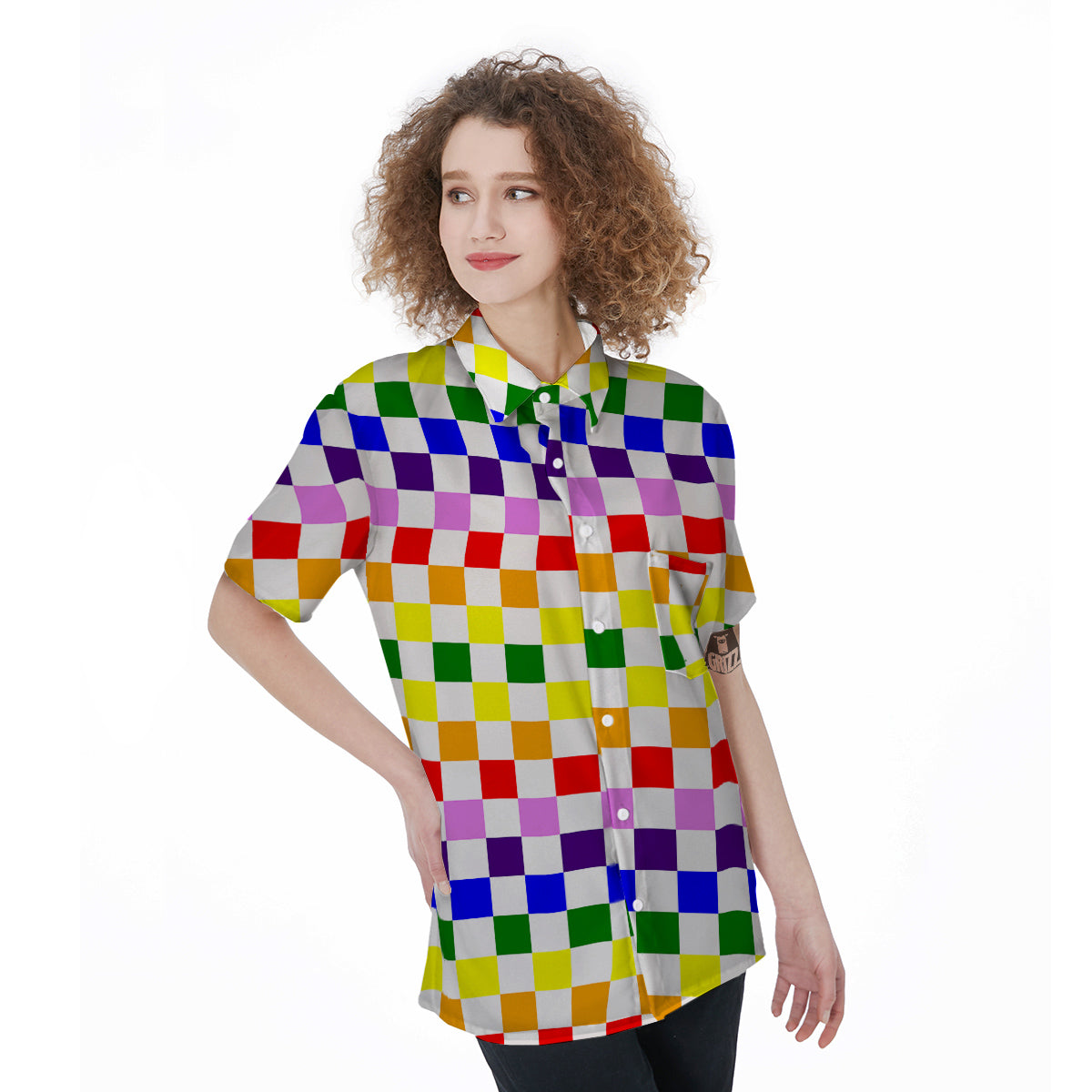 Rainbow LGBT Checkered Flag Print Women's Short Sleeve Shirts-grizzshop