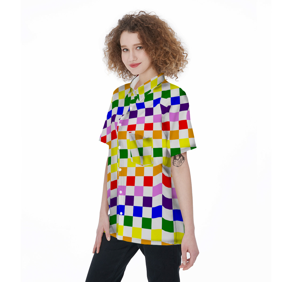 Rainbow LGBT Checkered Flag Print Women's Short Sleeve Shirts-grizzshop