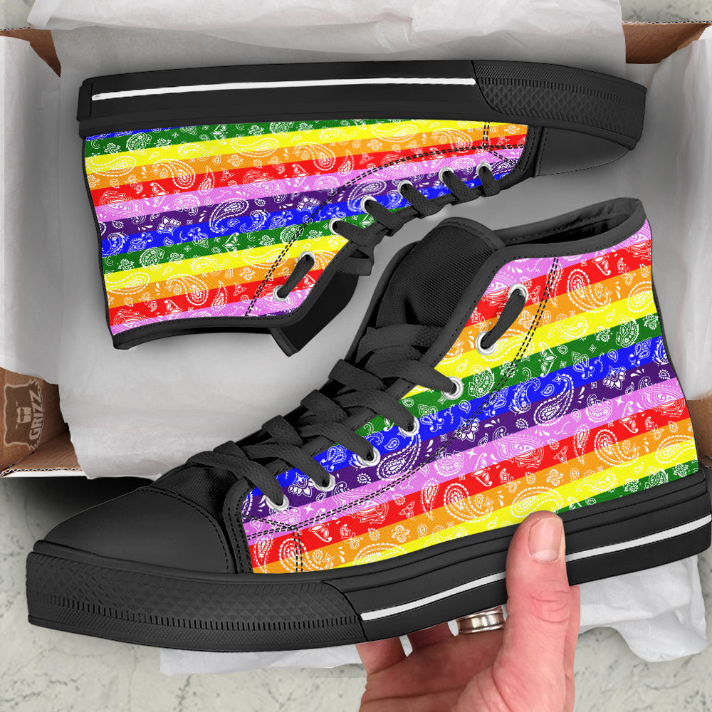 Rainbow LGBT Paisley Bandana Print Black High Top Shoes-grizzshop