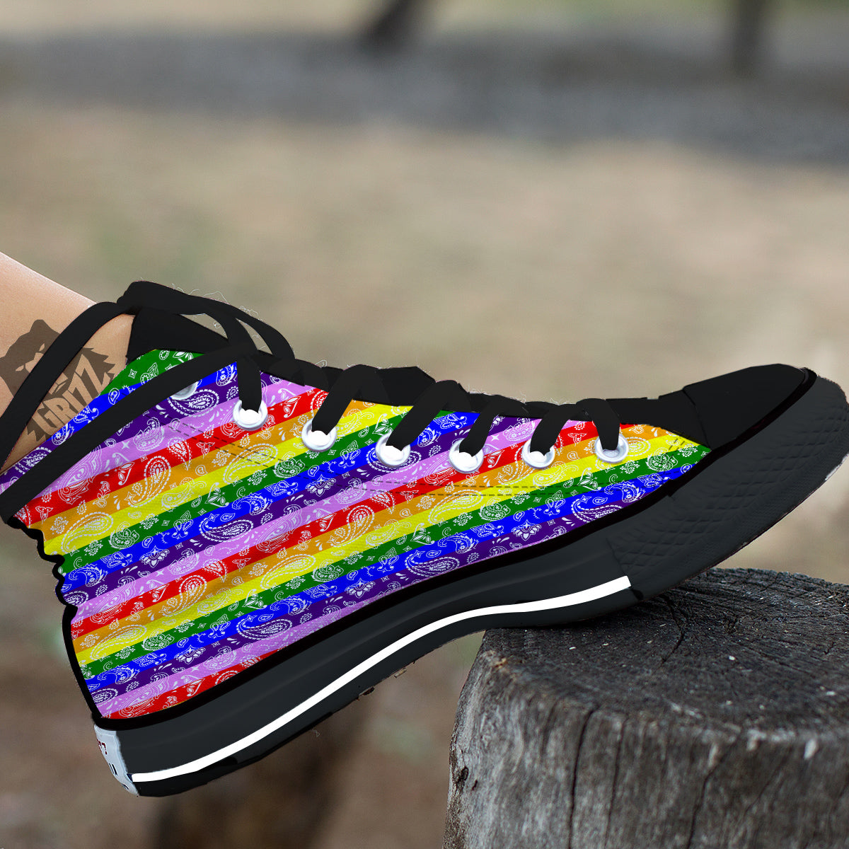 Rainbow LGBT Paisley Bandana Print Black High Top Shoes-grizzshop