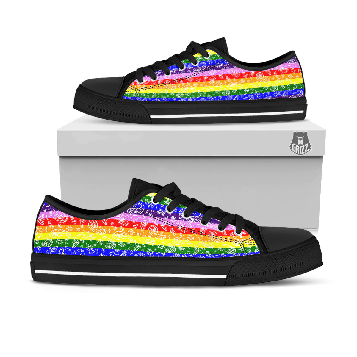 Rainbow LGBT Paisley Bandana Print Black Low Top Shoes-grizzshop