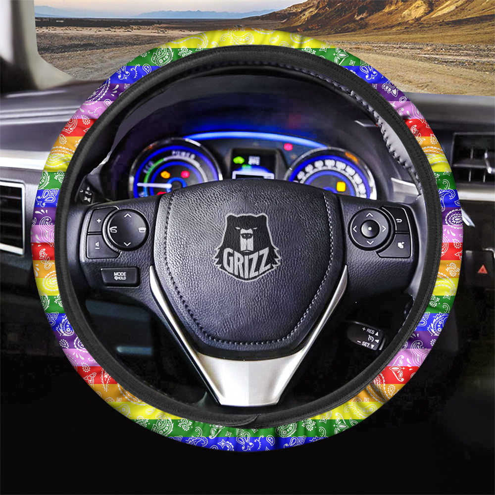 Rainbow LGBT Paisley Bandana Print Car Steering Wheel Cover-grizzshop