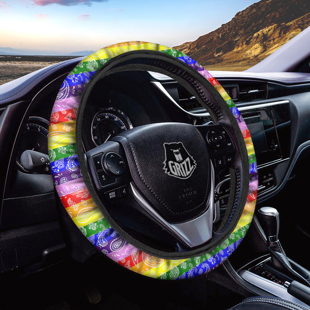 Rainbow LGBT Paisley Bandana Print Car Steering Wheel Cover-grizzshop