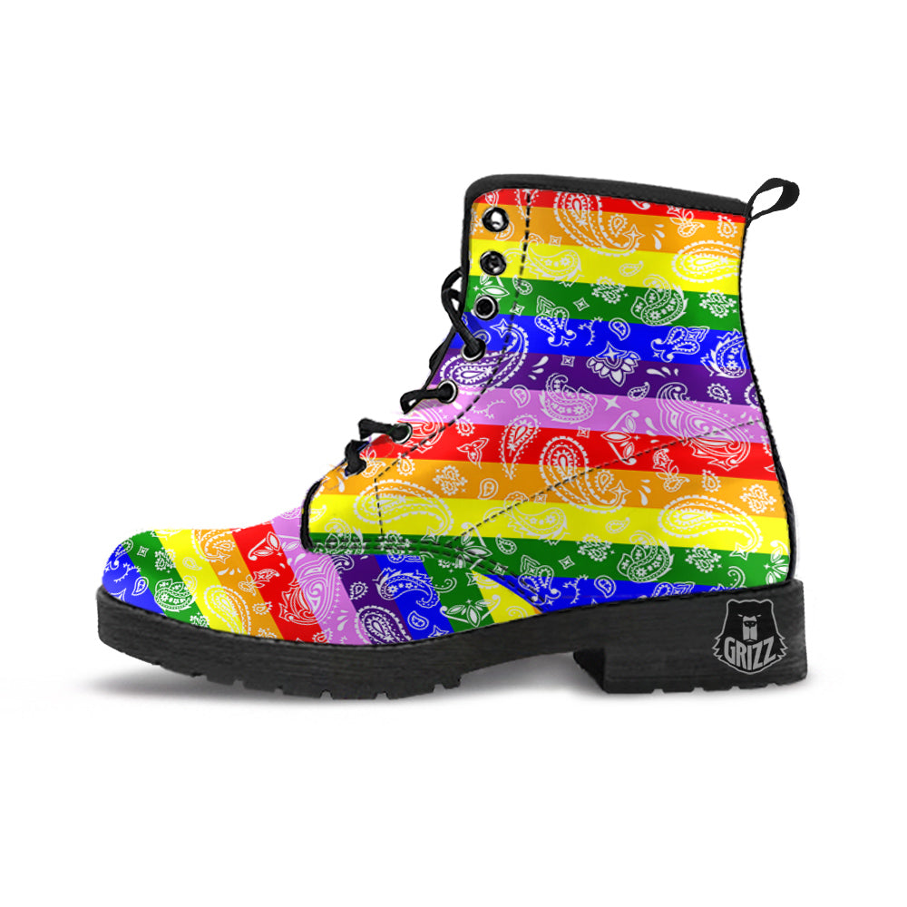 Rainbow LGBT Paisley Bandana Print Leather Boots-grizzshop