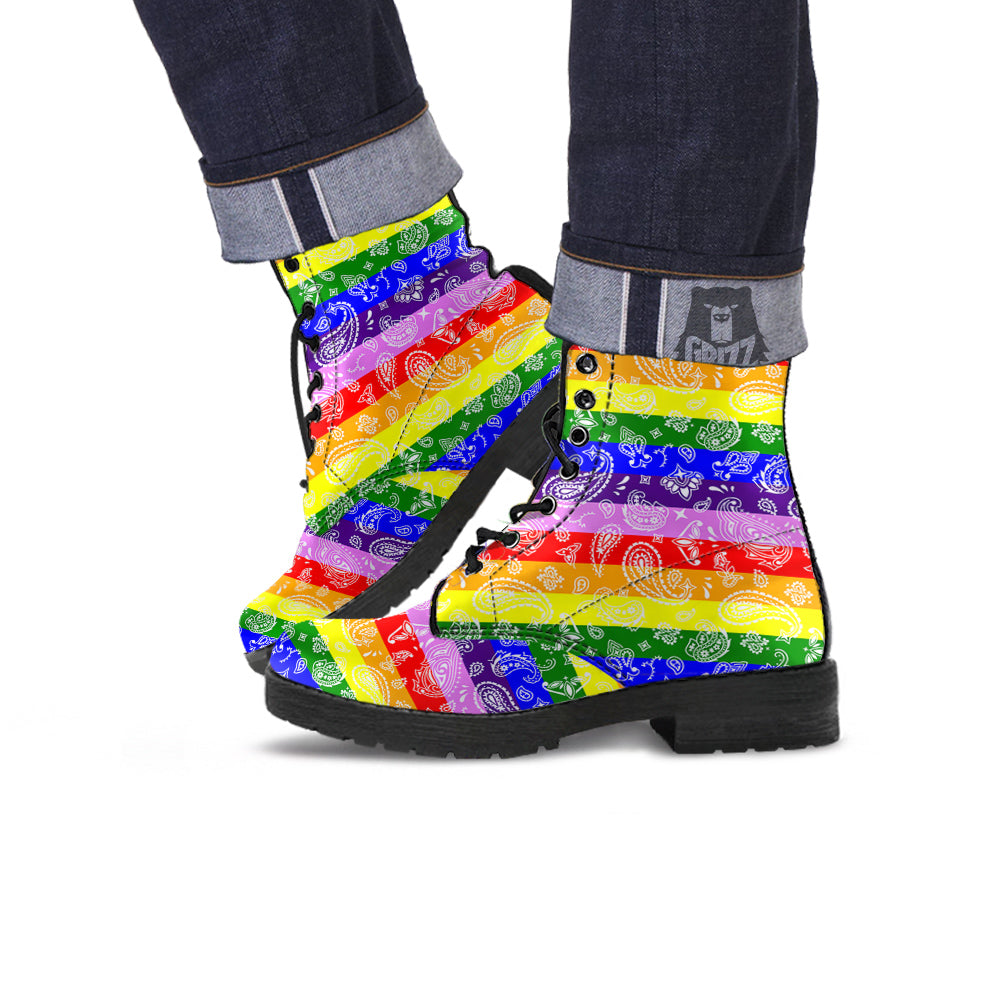 Rainbow LGBT Paisley Bandana Print Leather Boots-grizzshop