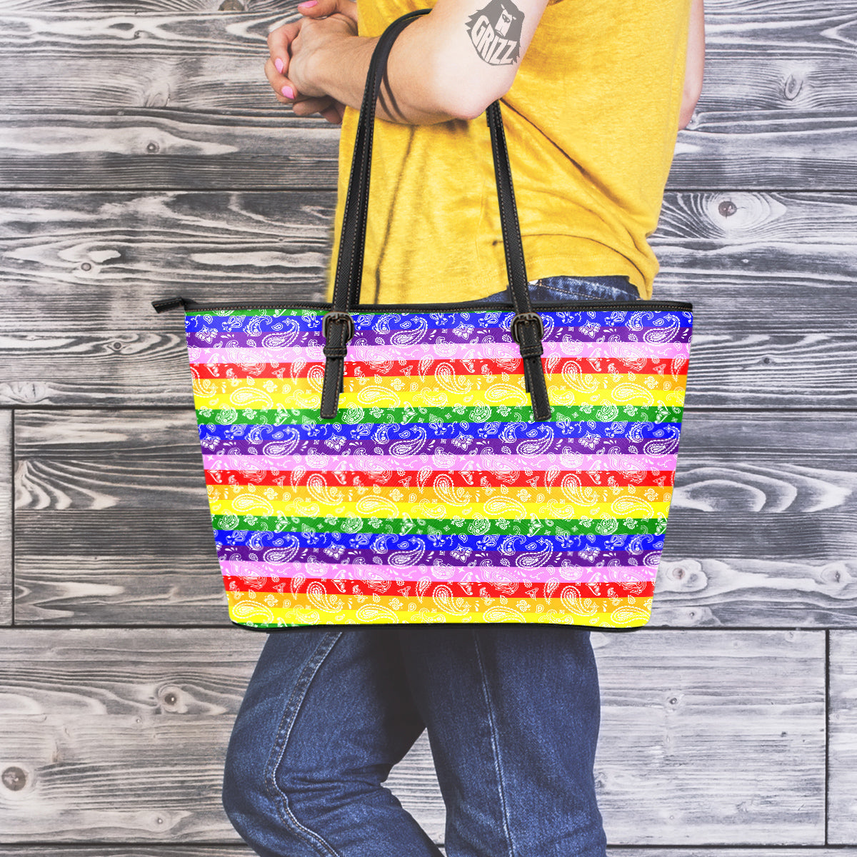 Rainbow LGBT Paisley Bandana Print Leather Tote Bag-grizzshop