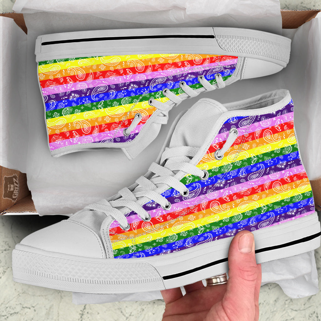 Rainbow LGBT Paisley Bandana Print White High Top Shoes-grizzshop