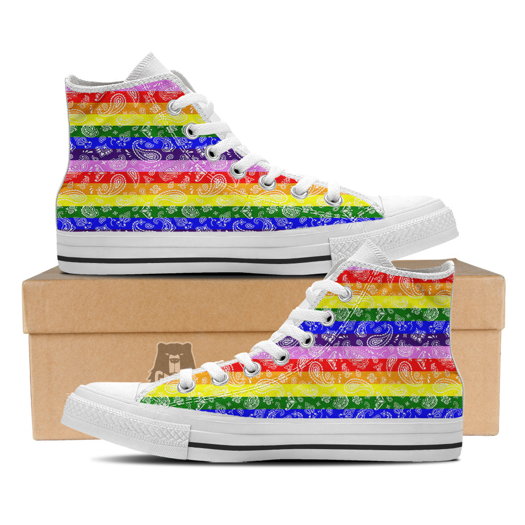 Rainbow LGBT Paisley Bandana Print White High Top Shoes-grizzshop