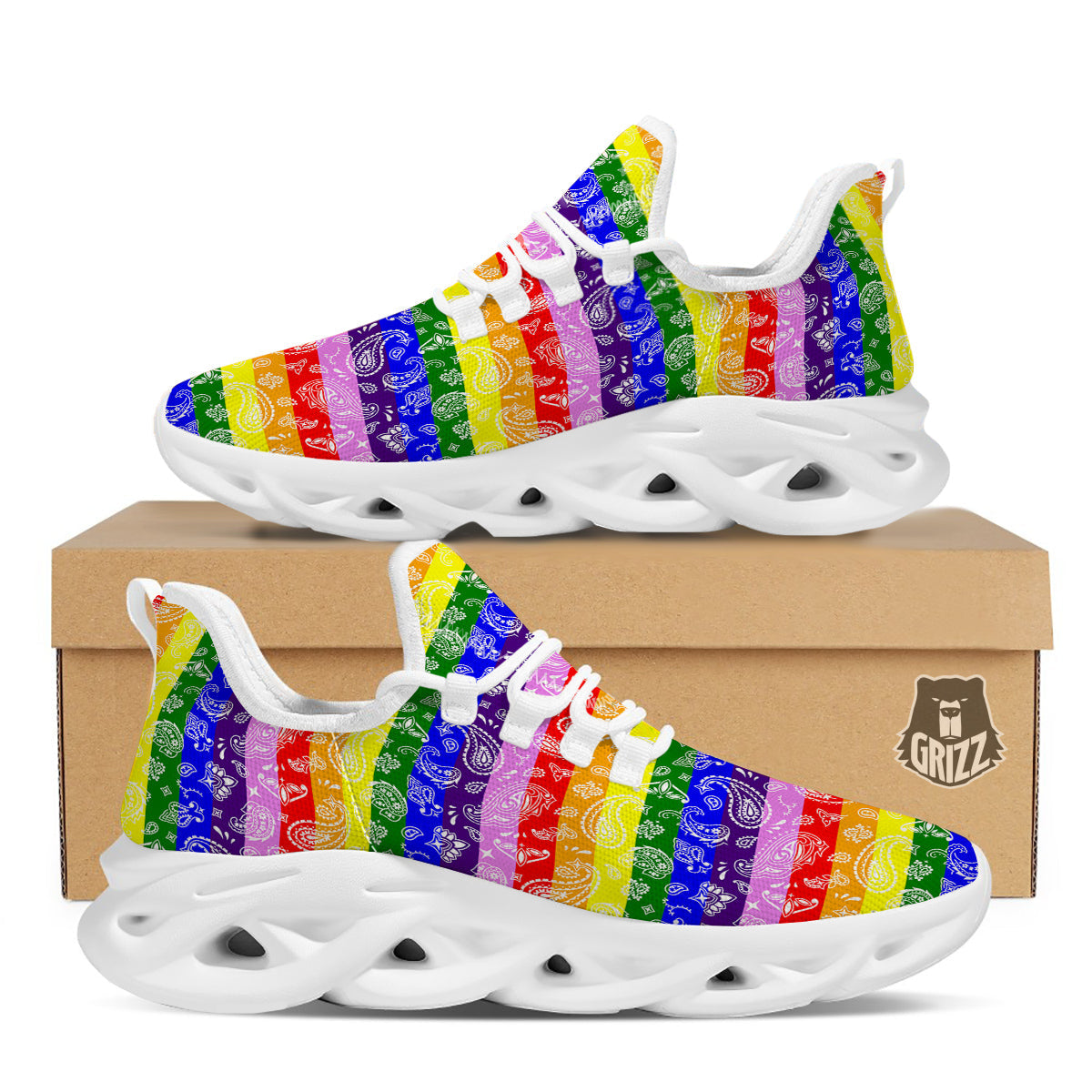 Rainbow LGBT Paisley Bandana Print White Running Shoes-grizzshop