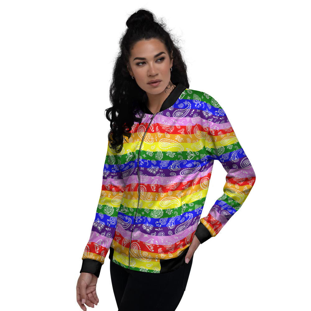 Rainbow LGBT Paisley Bandana Print Women's Bomber Jacket-grizzshop