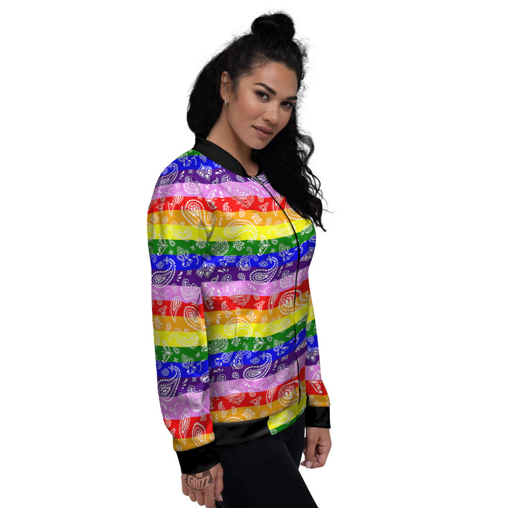 Rainbow LGBT Paisley Bandana Print Women's Bomber Jacket-grizzshop