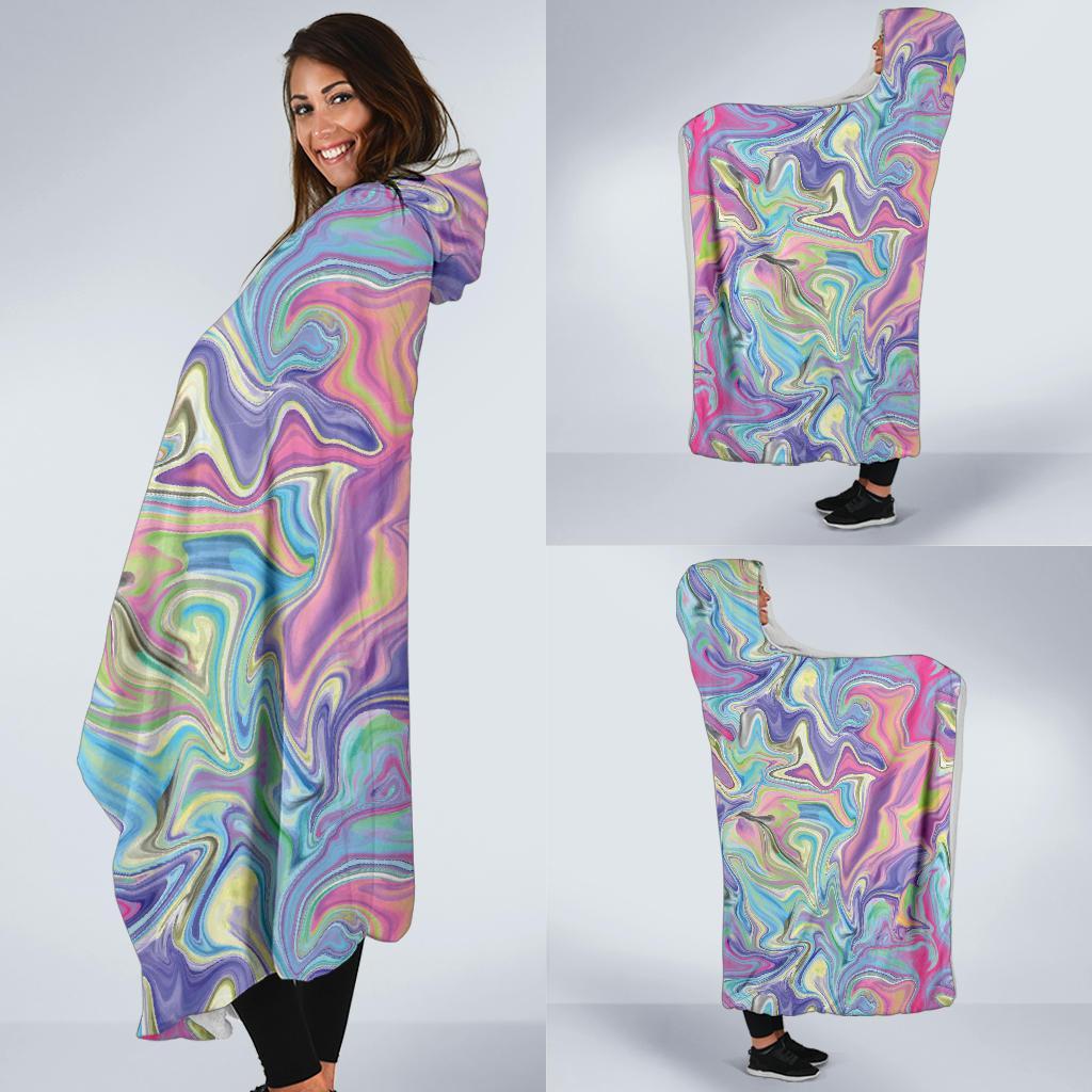 Rainbow Marble Pattern Print Hooded Blanket-grizzshop