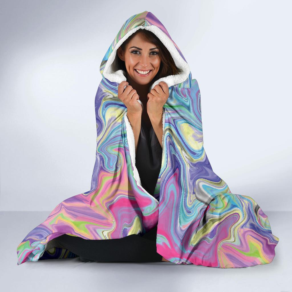 Rainbow Marble Pattern Print Hooded Blanket-grizzshop