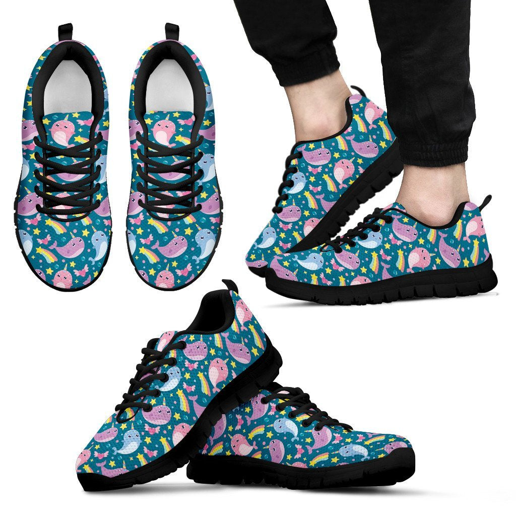 Rainbow Narwhal Pattern Print Black Sneaker Shoes For Men Women-grizzshop