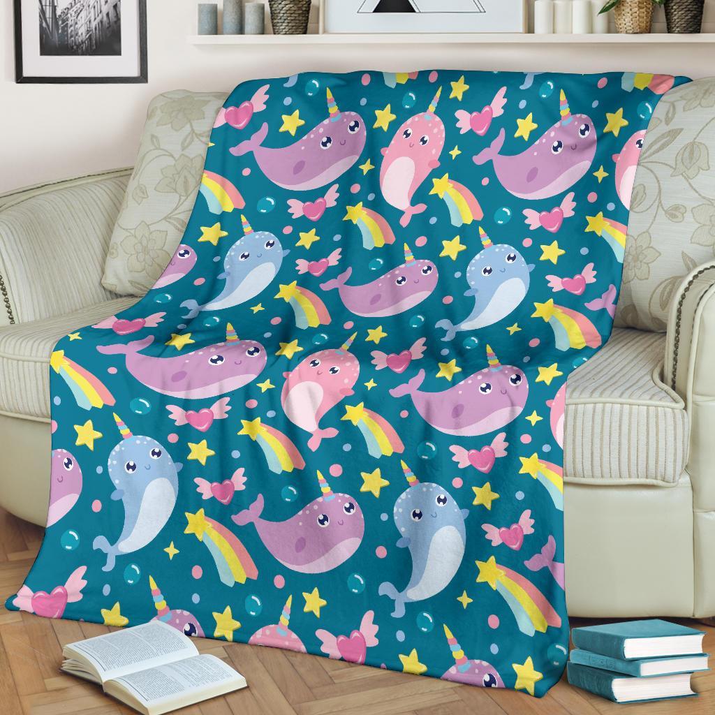 Rainbow Narwhal Pattern Print Blanket-grizzshop