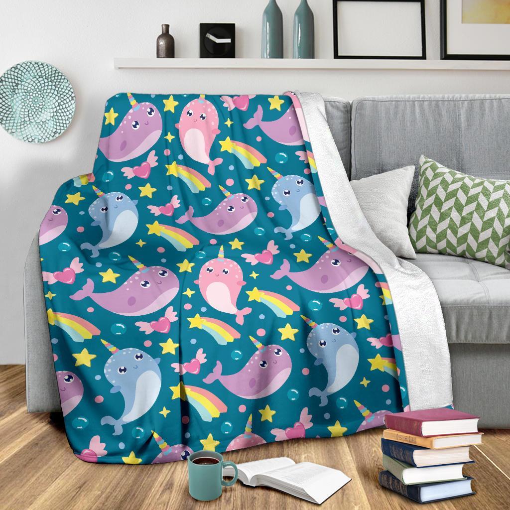 Rainbow Narwhal Pattern Print Blanket-grizzshop