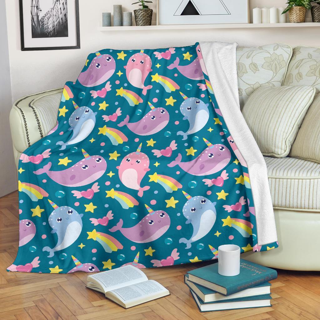 Rainbow Narwhal Pattern Print Blanket-grizzshop