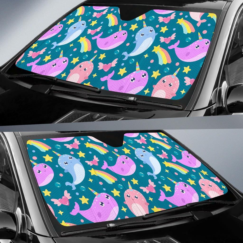 Rainbow Narwhal Pattern Print Car Sun Shade-grizzshop