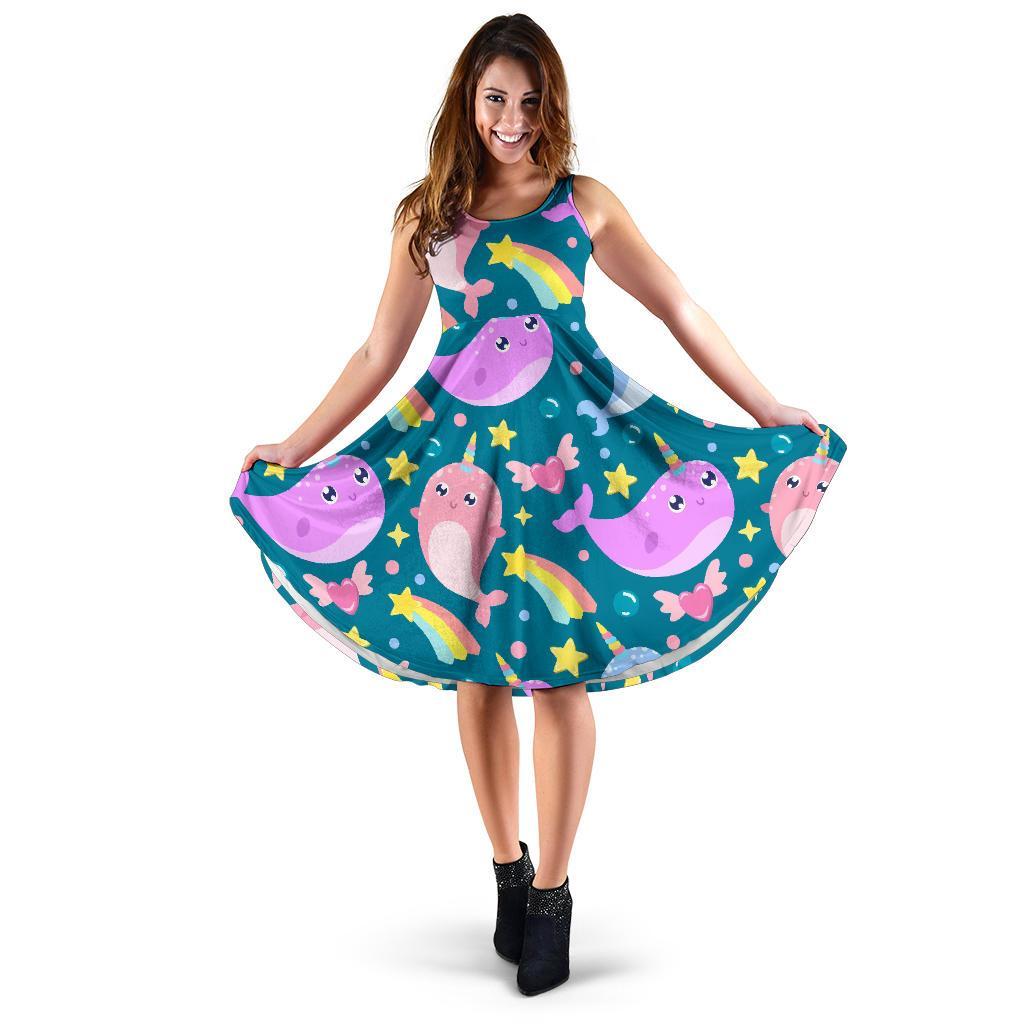 Rainbow Narwhal Pattern Print Dress-grizzshop