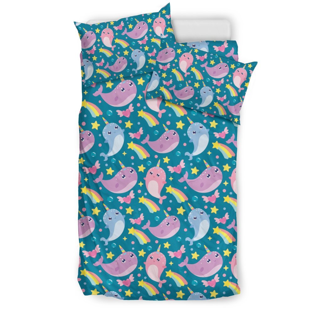 Rainbow Narwhal Pattern Print Duvet Cover Bedding Set-grizzshop